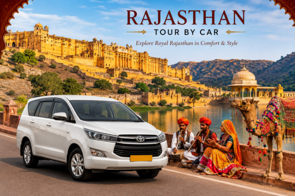Toyota Innova with Rajasthan cultural performers, camel, and historic fort backdrop.