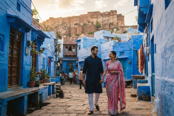 A couple walking hand-in-hand through a vibrant blue-painted alleyway in Jodhpur with the Mehrangarh Fort in the background.