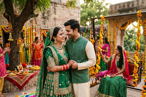 An Indian romantic couple wearing traditional green festive clothing celebrating Hariyali Teej in a decorated courtyard with swings and flowers.