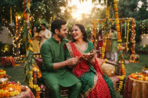 An Indian couple in traditional attire celebrating Teej together, smiling lovingly while sitting on a flower-decorated swing lit by fairy lights.