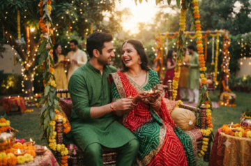 An Indian couple in traditional attire celebrating Teej together, smiling lovingly while sitting on a flower-decorated swing lit by fairy lights.
