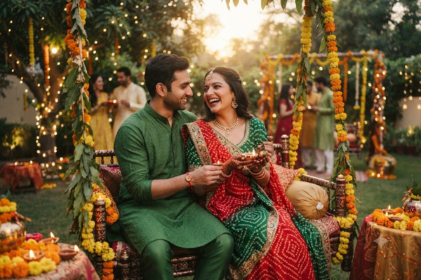 An Indian couple in traditional attire celebrating Teej together, smiling lovingly while sitting on a flower-decorated swing lit by fairy lights.