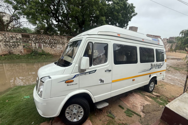 White Tempo Traveller rental with driver in Rajasthan