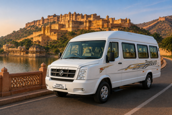 White tempo traveller near historic Rajasthan fort.