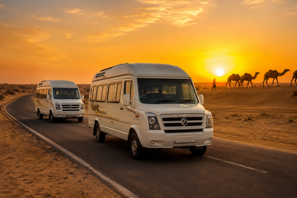 Luxury Tempo Traveller driving near Sam Sand Dunes in Jaisalmer at sunset
