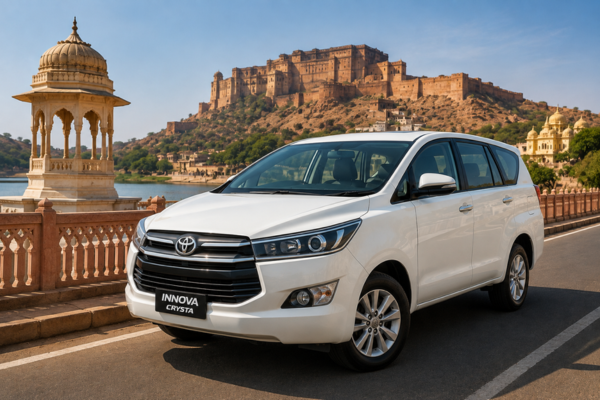 White Toyota Innova with Rajasthan fort backdrop.