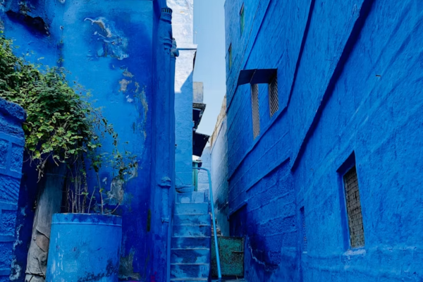 Narrow blue-painted streets and houses in the historic Blue City of Jodhpur