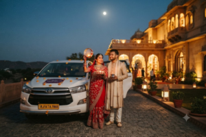A couple celebrating Karwa Chauth next to a luxury white Innova Crysta parked in front of a lit heritage palace in Rajasthan under the moonlight.