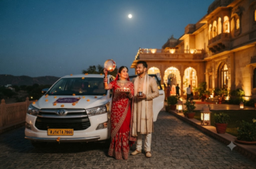 A couple celebrating Karwa Chauth next to a luxury white Innova Crysta parked in front of a lit heritage palace in Rajasthan under the moonlight.