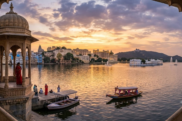 Scenic view of Lake Pichola at sunset framed by traditional Rajasthani jharokha arches in Udaipur.