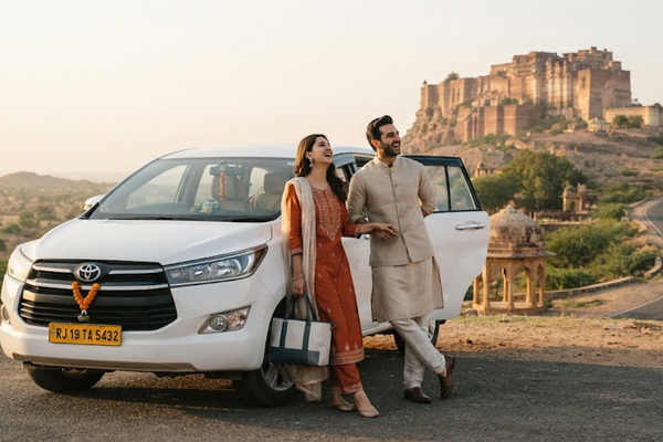 A joyful couple in traditional Indian attire standing next to a white Toyota car on a roadside in Rajasthan,