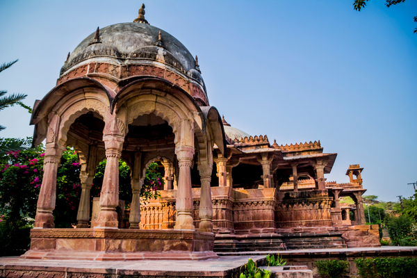Historic cenotaphs and ancient monuments inside Mandore Garden in Jodhpur, Rajasthan