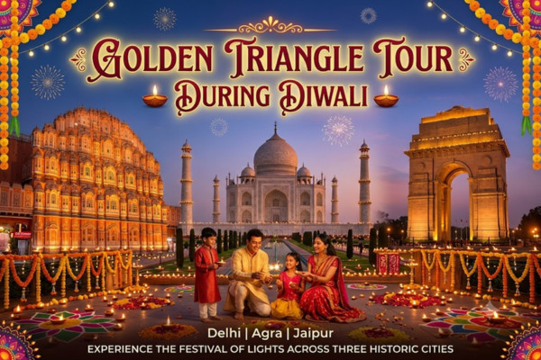 An glowing promotional featuring the Taj Mahal, Hawa Mahal, and India Gate illuminated with Diwali diyas, marigold flowers, and a family celebrating.